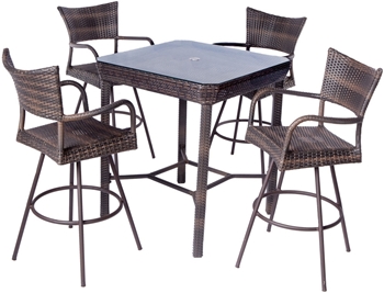 Alfresco Tutto All Weather Wicker Bar Height Set With 36" Square Bar Height Dining Table and 4 Swivel Bar Arm Chairs