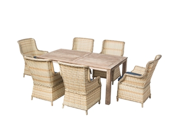 Alfresco Cambridge Outdoor Woven Wicker Set With Malvern 71" Rectangular Wood Dining Table With Umbrella Hole And 6 Dining Chairs With Sunbrella Spectrum Indigo Cushions