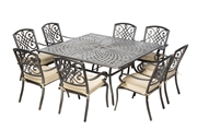 Alfresco Barcelona Cast Aluminum Dining Set With 64" Square Dining Table With Umbrella Hole and 8 Stackable Dining Arm Chairs with Cushions