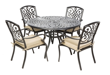 Alfresco Barcelona Cast Aluminum Dining Set With 87" Rectangular Dining Table With Umbrella Hole And 6 Stackable Dining Arm Chairs With Cushions And 2 Dining Swivel Rockers With Cushions